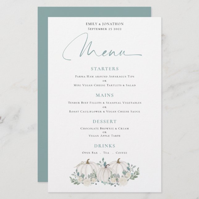 Budget Blanc Citrouille Floral Menu Mariage (Devant / Derrière)