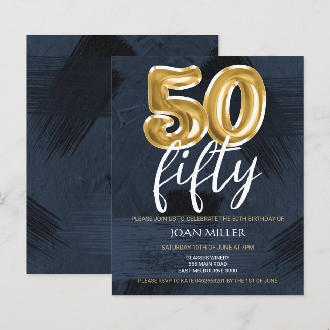BUDGET Blau, Gold Ballon 50. Geburtstag Einladung (Vorne/Hinten)