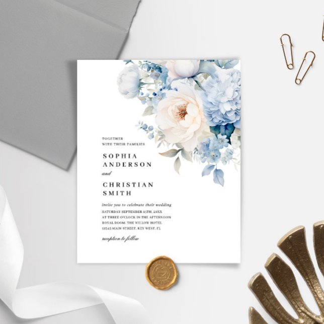 Budget Blau & Weiß Blume Hochzeitseinladung (Von Creator hochgeladen)