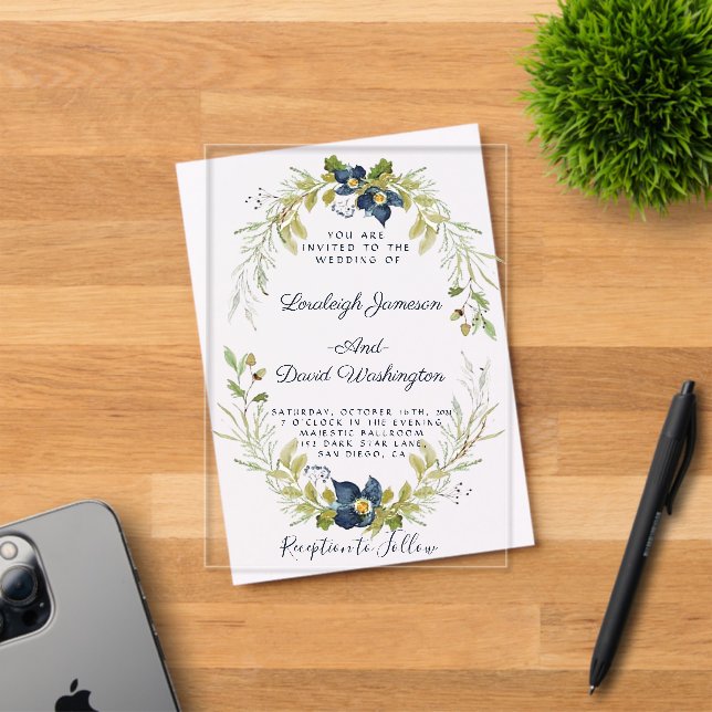 Budget Blauer Blumenrahmen Hochzeitseinladung Acryleinladungen (Insitu (Einladungskarte))