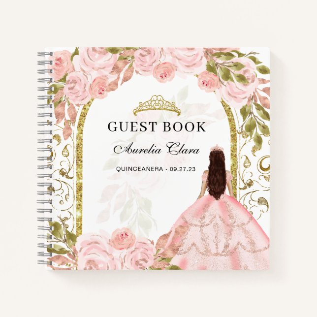 Budget Blink Pink Floral Quinceañera Gästebuch Notizbuch (Vorderseite)