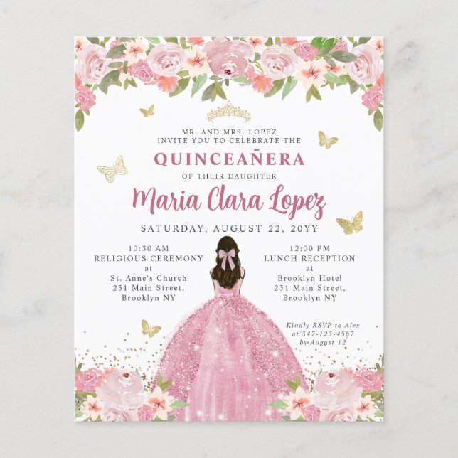 Budget Bloral Pink Gold Princess Quinceanera (Vorderseite)