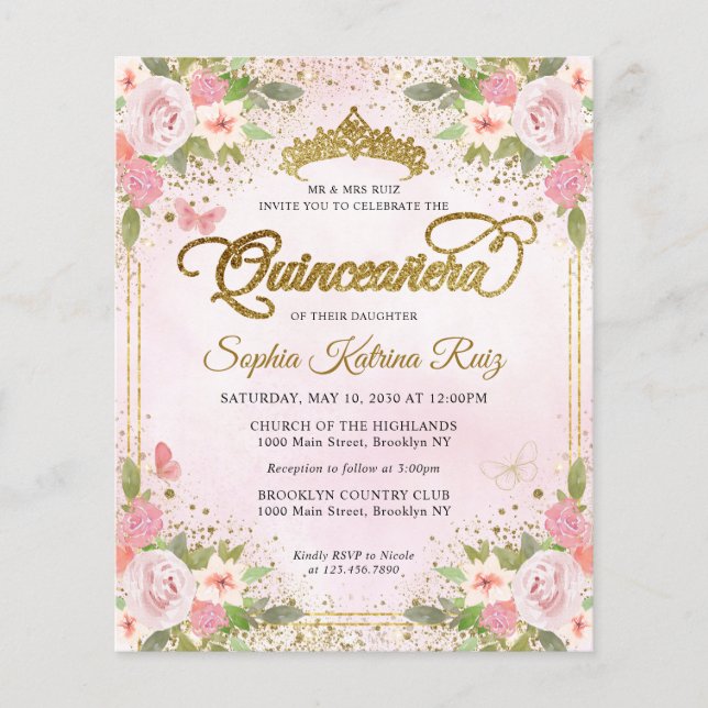 Budget Bloral Rosa Gold Tiara Quinceañera (Vorderseite)