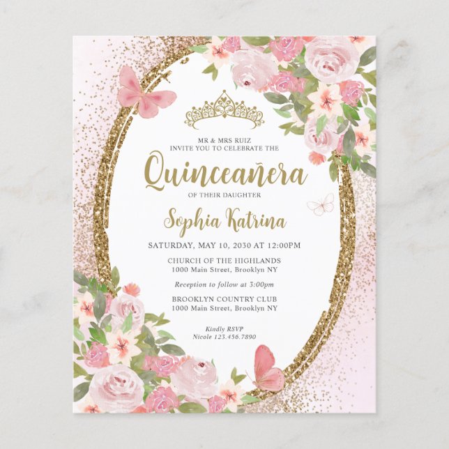 Budget Bloral Rosa Gold Tiara Quinceañera Flyer (Vorne)
