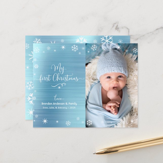 Budget Blue 1 Holiday Baby Foto Snowflakes Card (Vorderseite/Rückseite Beispiel)