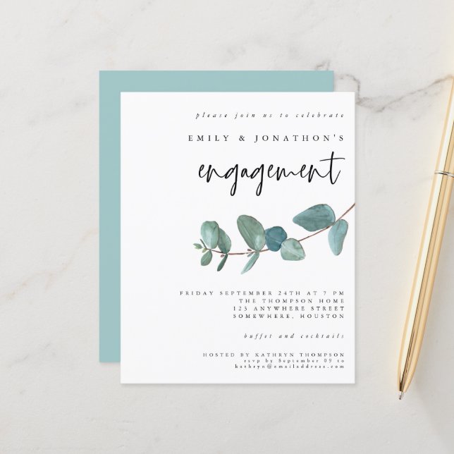 Budget Blue Aquamarin Eucalyptus Verlobung Einladu (Vorderseite/Rückseite Beispiel)
