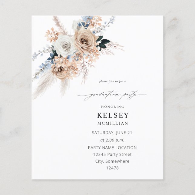Budget Blue & Beige Boho Floral Graduation Party Flyer (Vorne)