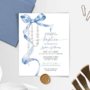 Budget Blue Bow & Rosary Taufe Einladung