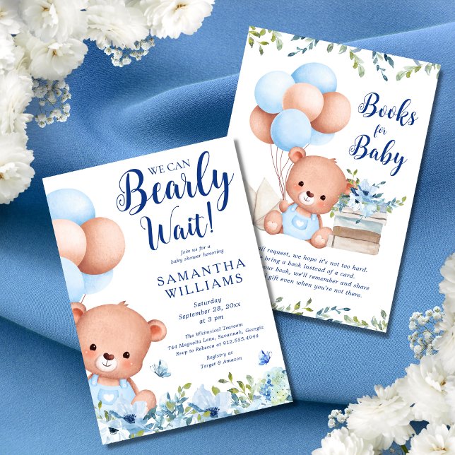 Budget Blue Boy Teddy Bärenbücher für Baby Dusche Einladung (This baby shower invitation features a cut teddy bear and blue balloons surrounded by wildflowers.)