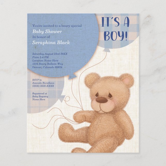 BUDGET Blue Boys Teddy Bear Baby Shower laden ein (Vorderseite)