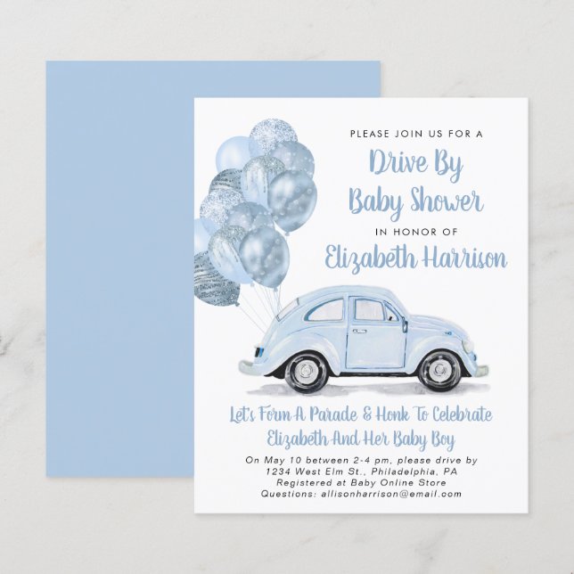 Budget Blue Car Drive by Baby Dusche Einladung (Vorne/Hinten)