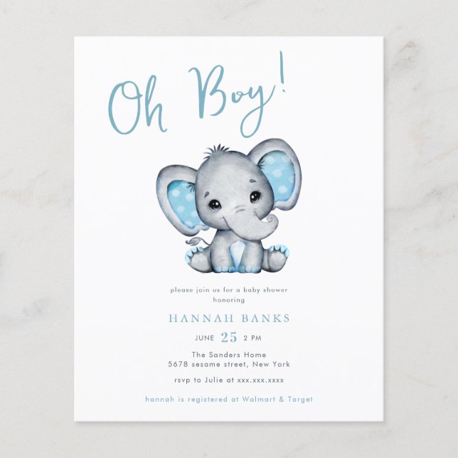 Budget Blue Elephant Baby Boy Dusche Einladung (Vorderseite)