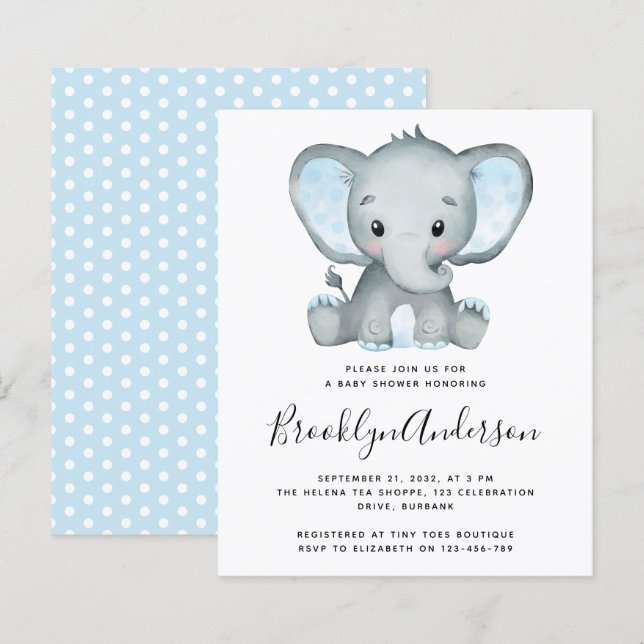 BUDGET Blue Elephant Baby Dusche Einladung (Vorne/Hinten)