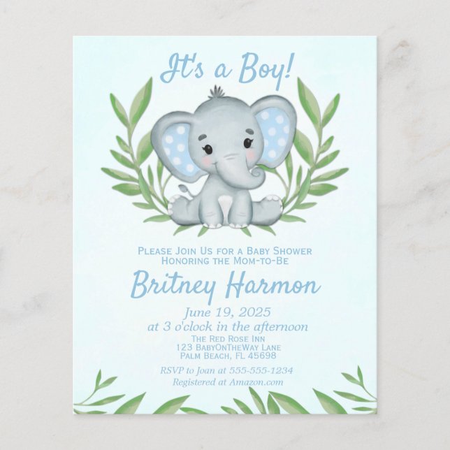 Budget Blue Elephant Boy Baby Dusche Einladung (Vorderseite)