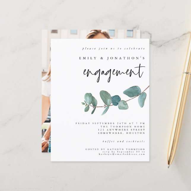 Budget Blue Eucalyptus Foto Verlobung Einladung (Vorderseite/Rückseite Beispiel)