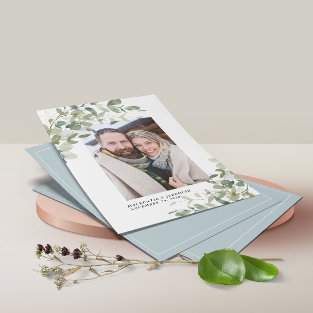 BUDGET Blue Eucalyptus Wedding Foto Save the Date Flyer (Von Creator hochgeladen)