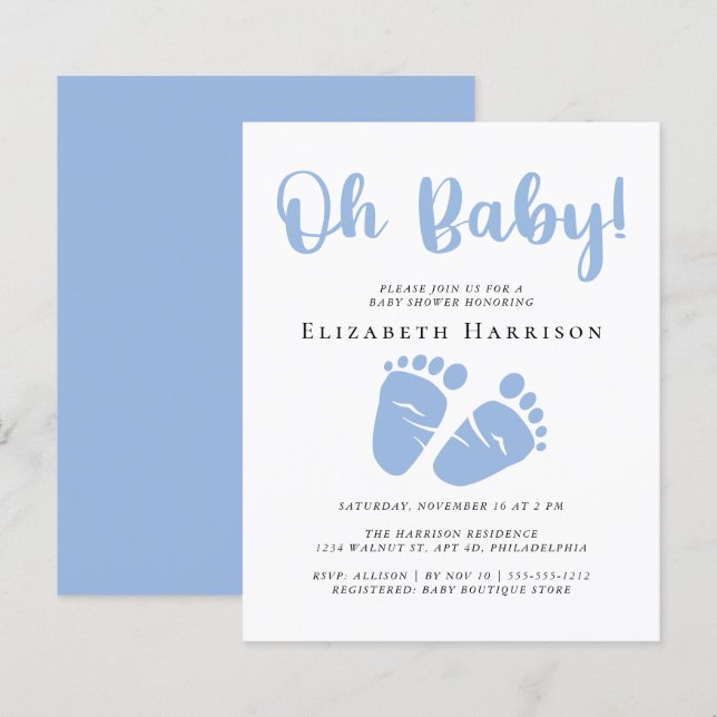 Budget Blue Feet Boy Baby Dusche Einladung (Vorne/Hinten)