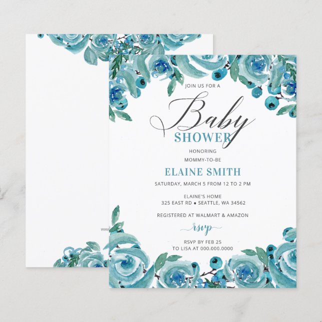 Budget Blue Floral Boy Baby Dusche Einladung (Vorne/Hinten)