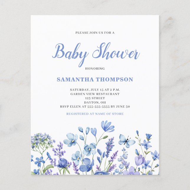 Budget Blue Floral Boy Baby Dusche Einladung Flyer (Vorne)