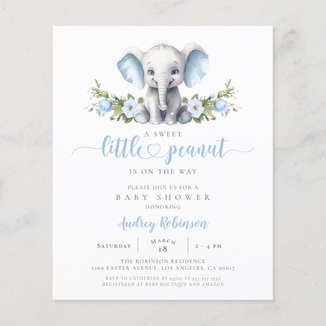 Budget Blue Floral Elephant Baby Dusche Einladung (Vorderseite)