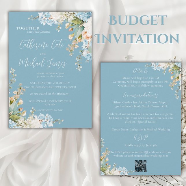 Budget Blue Floral Hydrangea Elegant Wedding Einladung (Von Creator hochgeladen)