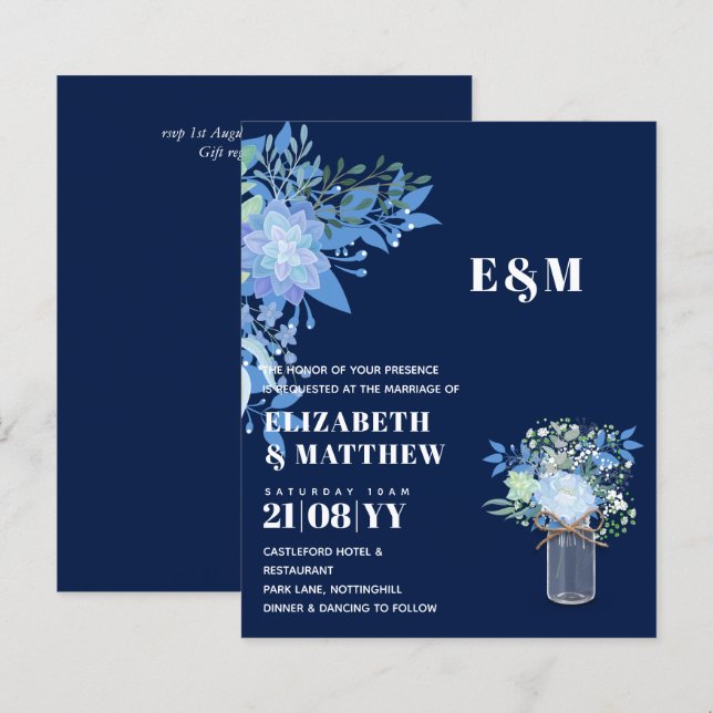 BUDGET Blue Floral Wedite Einladung (Vorne/Hinten)