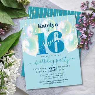 Budget Blue Glitzer Sweet 16 Balloons Einladung