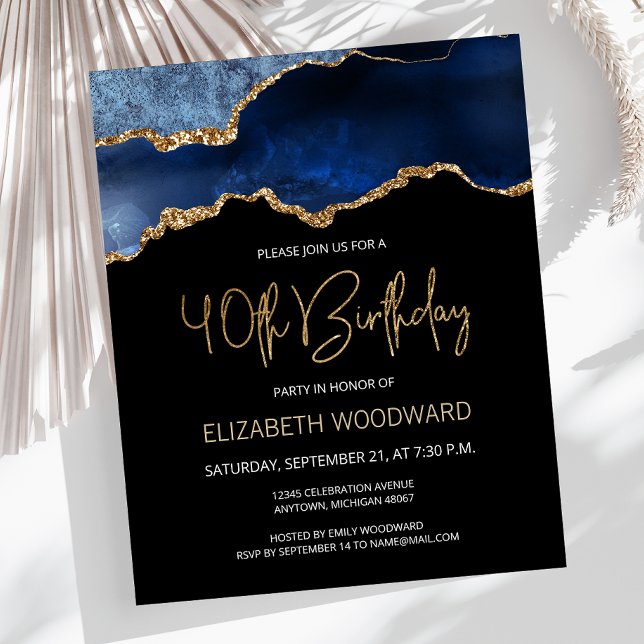 Budget Blue Gold Agate 40. Geburtstag Einladung (Von Creator hochgeladen)