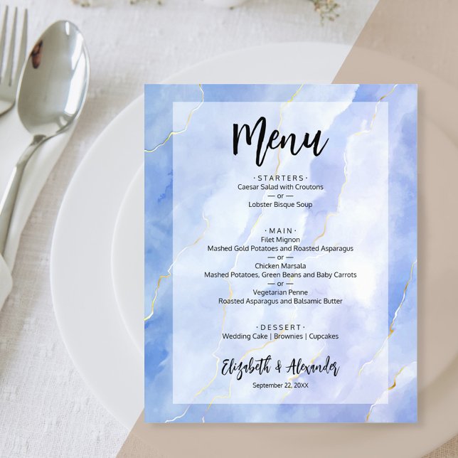 Budget Blue Gold Marble Wedding Menü (Von Creator hochgeladen)