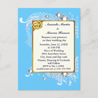 Budget Blue & Gold Rahmen & Diamanten Image Weddin Postkarte