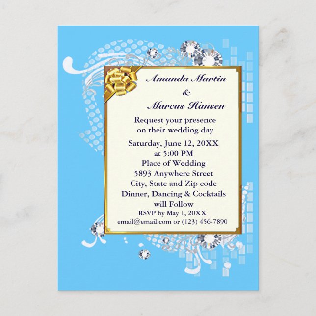 Budget Blue & Gold Rahmen & Diamanten Image Weddin Postkarte (Vorderseite)