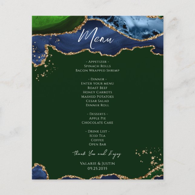 Budget Blue Green Agate Wedding Menu Flyer (Vorne)