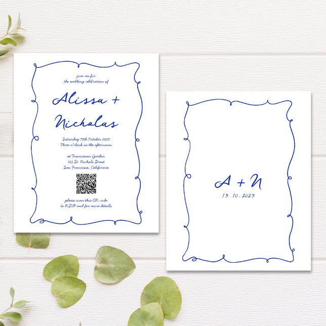 Budget Blue Hand Drawn Monogram QR Code Wedding (Von Creator hochgeladen)