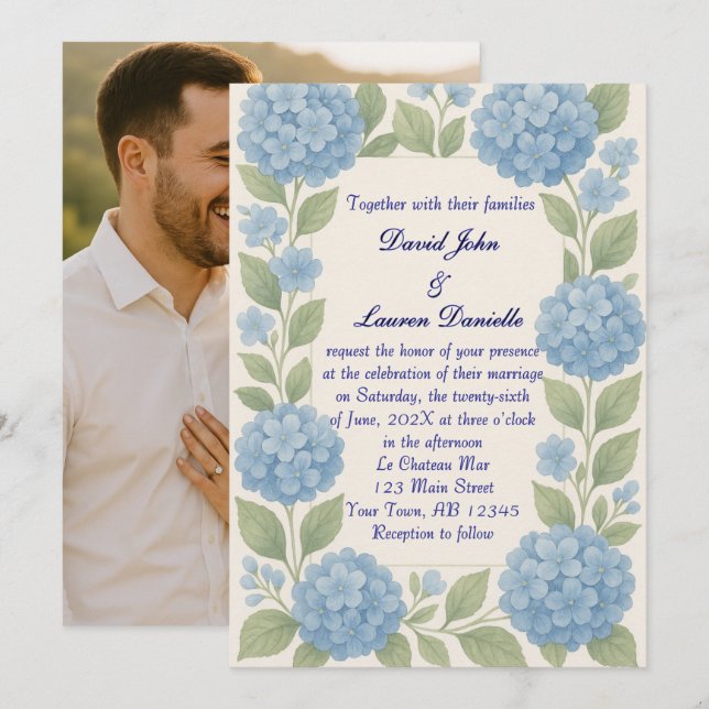 Budget Blue Hydrangea Foto Hochzeit Einladung (Vorne/Hinten)