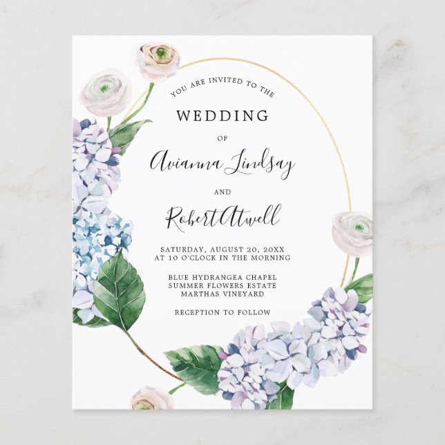 Budget Blue Hydrangea Hochzeitseinladung Flyer (Vorne)