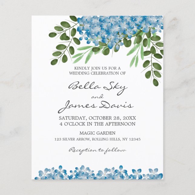 Budget Blue Hydrangeas Hochzeitseinladung (Vorderseite)