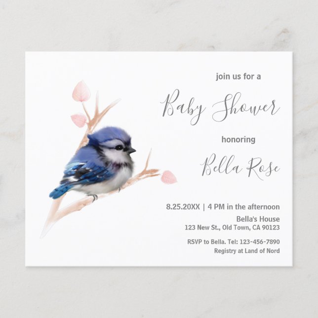Budget Blue Jay Bird Baby Dusche Einladung (Vorderseite)