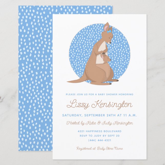 Budget Blue Kangaroo Boy Baby Dusche Einladung (Vorne/Hinten)