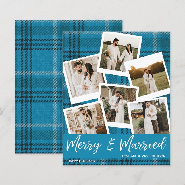 Budget Blue Kariert Multi Foto Verheiratet & Merry (Vorne/Hinten)