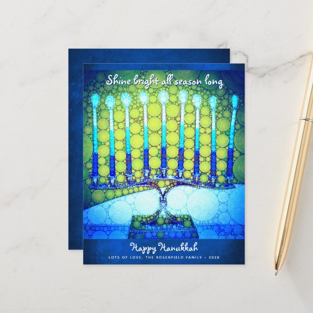 Budget Blue Menorah de Hanukkah Carte Brillez (Devant/Arrière en situation)