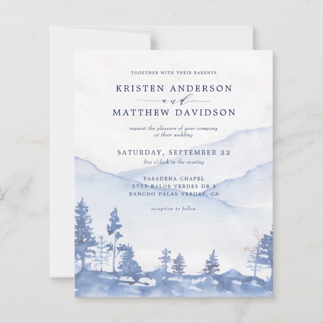 Budget Blue Mountain Watercolor Hochzeit Einladung (Vorderseite)