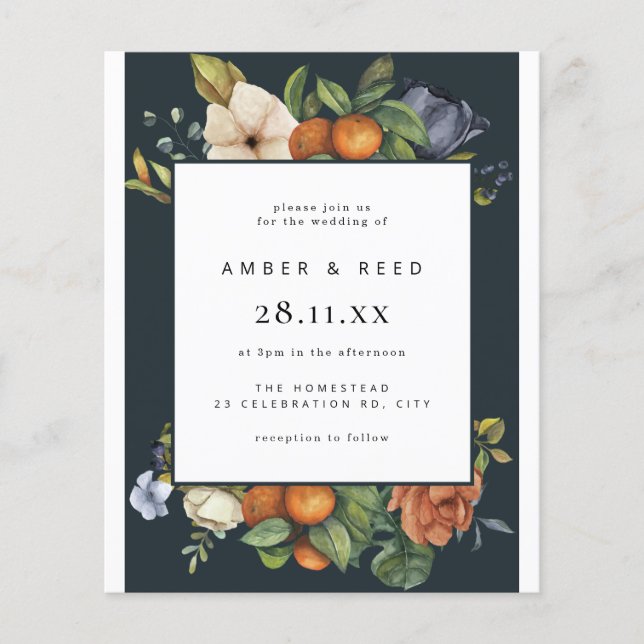 Budget Blue Orange Summer Botanical Boho Wedding (Vorderseite)