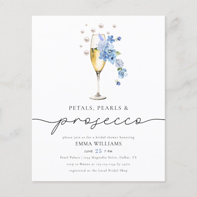 BUDGET Blue Petals Pearls & Prosecco Brautparty (Vorderseite)