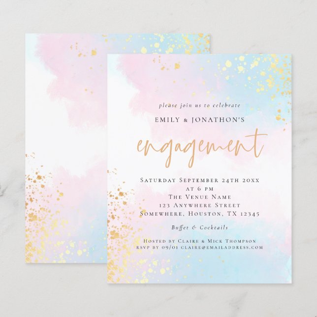 Budget Blue Pink Watercolor Script-Verlobung (Vorne/Hinten)