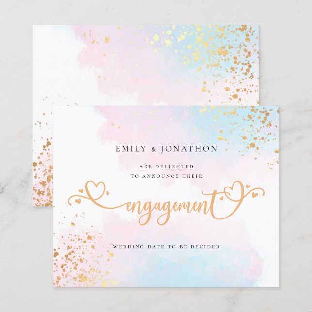 Budget Blue Pink Watercolor Verlobung Ankündigung (Vorne/Hinten)