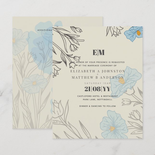 BUDGET Blue Poppy Magnolia Hochzeit Einladung (Vorne/Hinten)