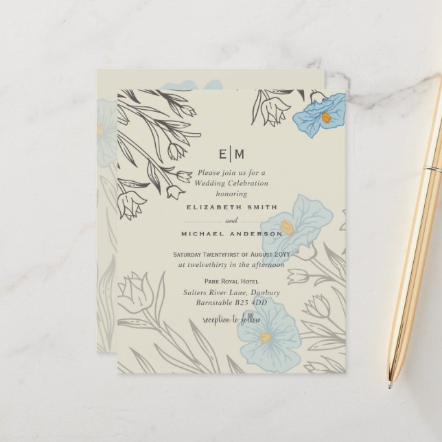 BUDGET Blue Poppy Magnolia Hochzeit Einladung (Vorderseite/Rückseite Beispiel)