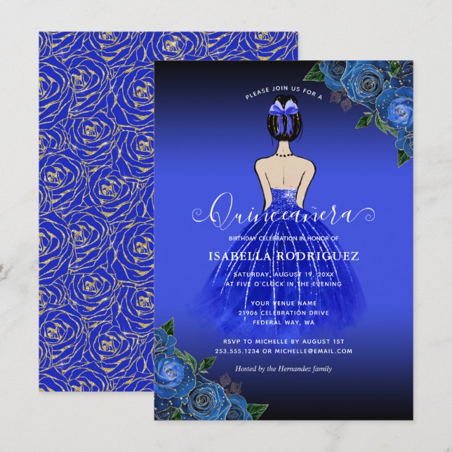 Budget Blue Princess Gold Quinceañera Einladung (Vorne/Hinten)
