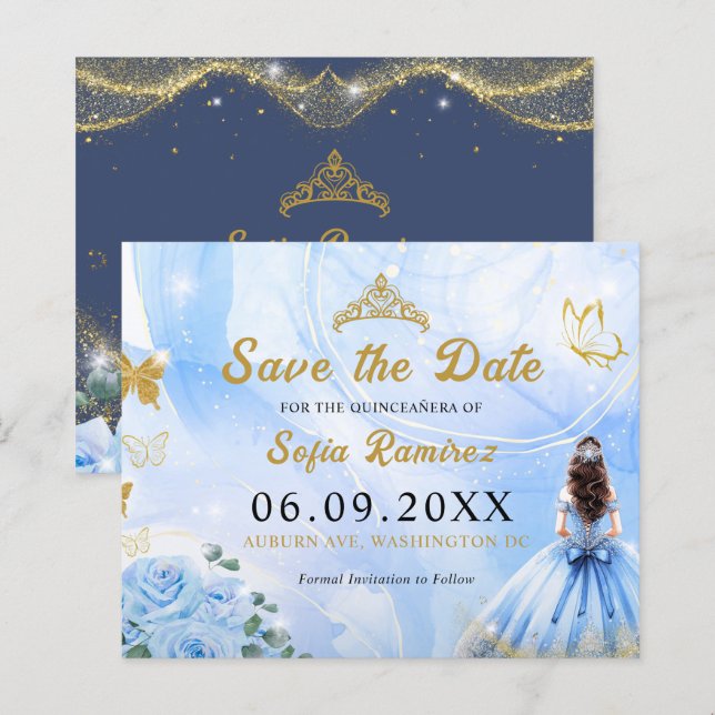 Budget Blue Princess Quinceañera Save the Date (Vorne/Hinten)