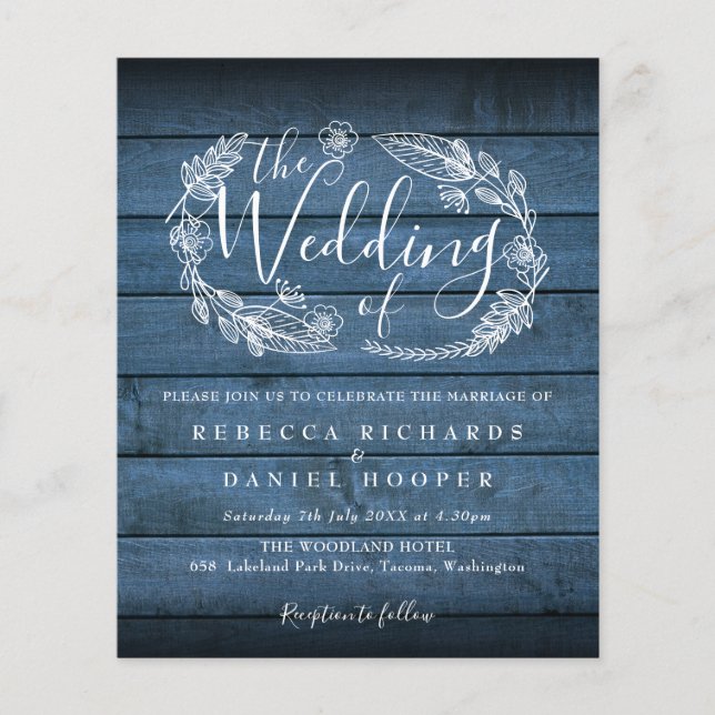 Budget Blue Rustic Holz Foliage Hochzeit Einladung (Vorderseite)